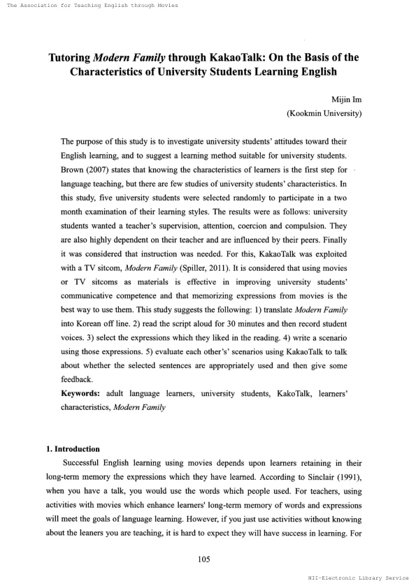 Tutoring Modern Family through KakaoTalk  On the Basis of the Characteristics of University Students Learning English by Mijin <em>I</em>